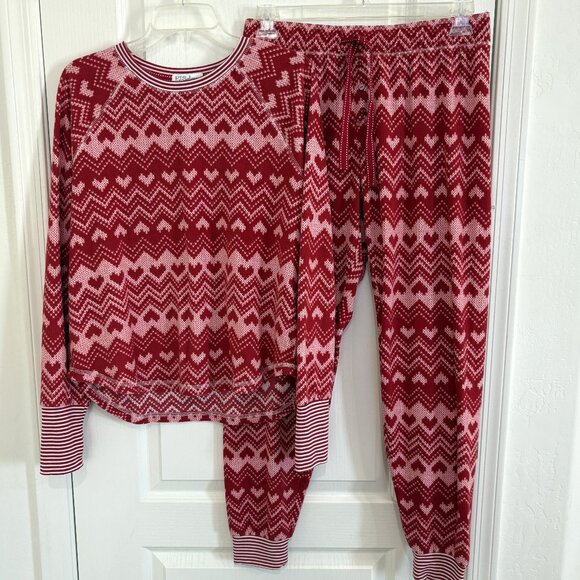 PJ Salvage Hearts Fair Isle Pajamas 2 PC Top & Joggers Peachy Red Size Medium - Picture 1 of 4
